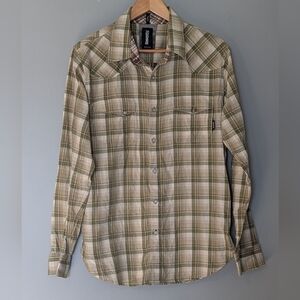 Billabong Men's Taper Fit Green Brown Plaid Cotton Button-Up Shirt